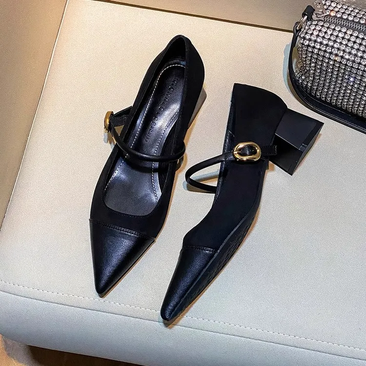 法式尖头玛丽珍粗跟高跟鞋女2025新款浅口气质一字带拼色中跟单鞋