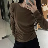 今婷秋季时尚休闲百搭小众褶皱舒适长袖针织圆领打底衫-L25321328