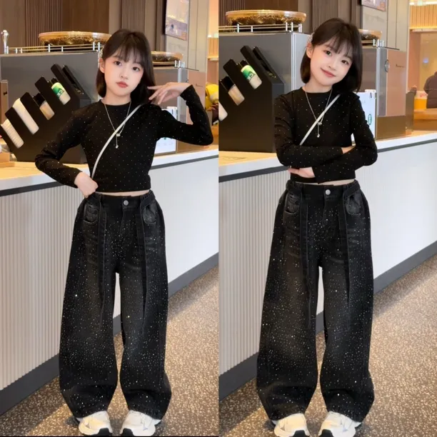 女童秋冬套装2025新款中大童爆款满天星长袖衣牛仔裤爵士舞
