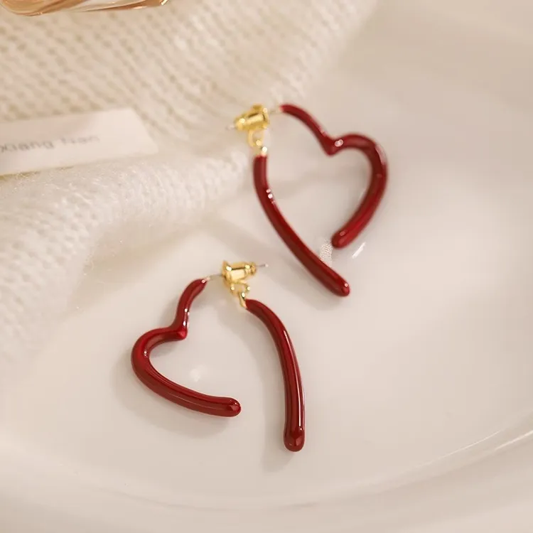 小语 赵丽颖同款酒红色爱心耳环气质耳坠耳钉新款爆款耳夹纯银耳