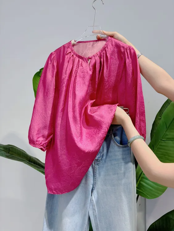 DY2361樱美嘉100桑蚕丝夏季新款娃娃衫时尚百搭国风中长款宽松