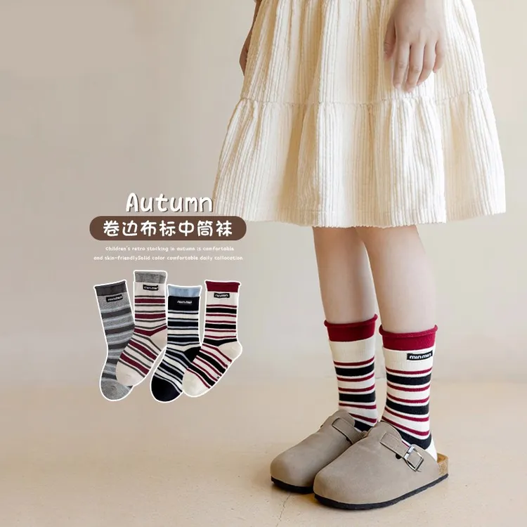 女童袜子春秋季儿童韩系ins双罗口布标字母卷边袜女孩秋天中筒袜