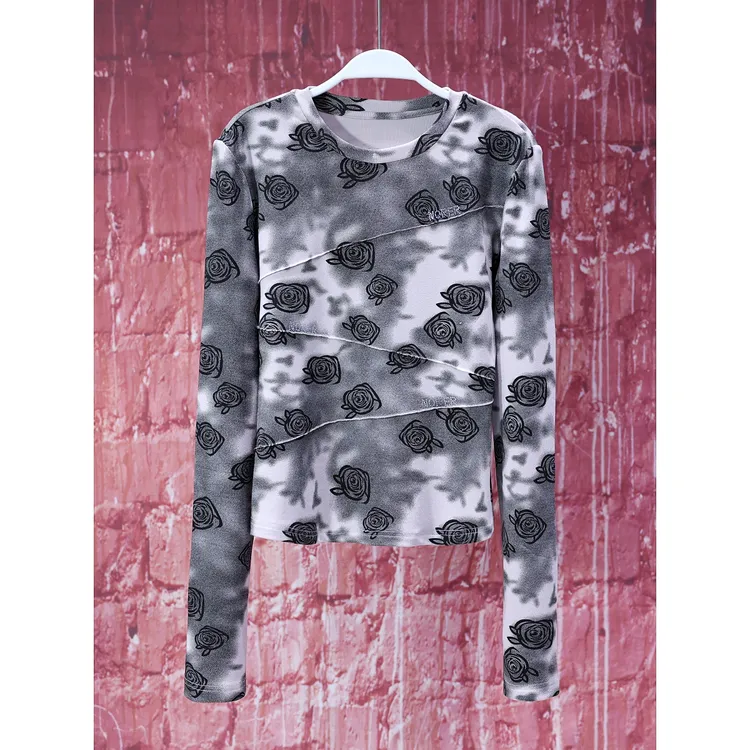 【韩哥女装】设计师高定面料欧货小众水墨扎染玫瑰印修身网纱衫6938