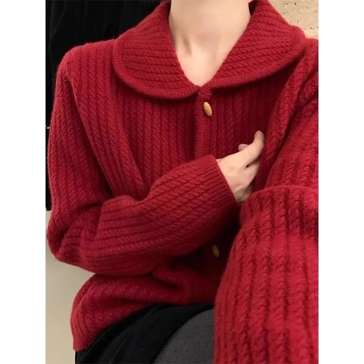 红色翻领牛角扣毛衣外套女2025秋季新款加厚宽松百搭软糯针织开衫