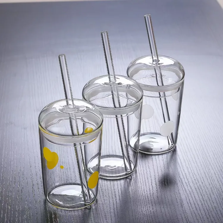 创意带盖透明玻璃大容量吸管杯高颜值家用果汁饮料杯高硼硅奶茶杯