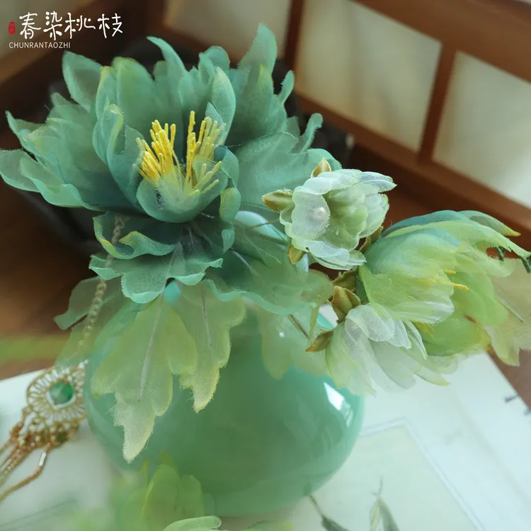 【春染桃枝】清冷感绢纱烫花长流苏发夹侧边夹手工汉服头饰女发饰