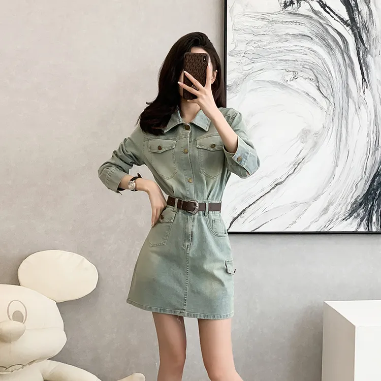 夏季新款显瘦气质小个子时尚百复古设计感牛仔连衣裙复古牛仔显瘦