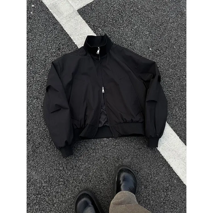 黑色美式bomber飞行夹克春秋款立领cleanfit短宽外套男潮牌高级感