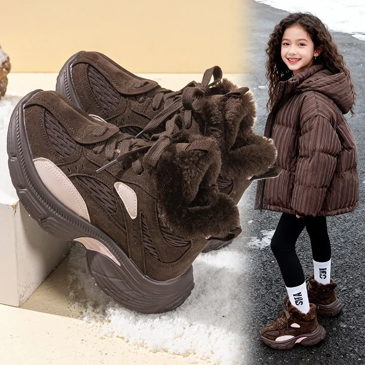 女童运动棉鞋2025冬季新款儿童高帮中大童加绒加厚百搭复古老爹鞋