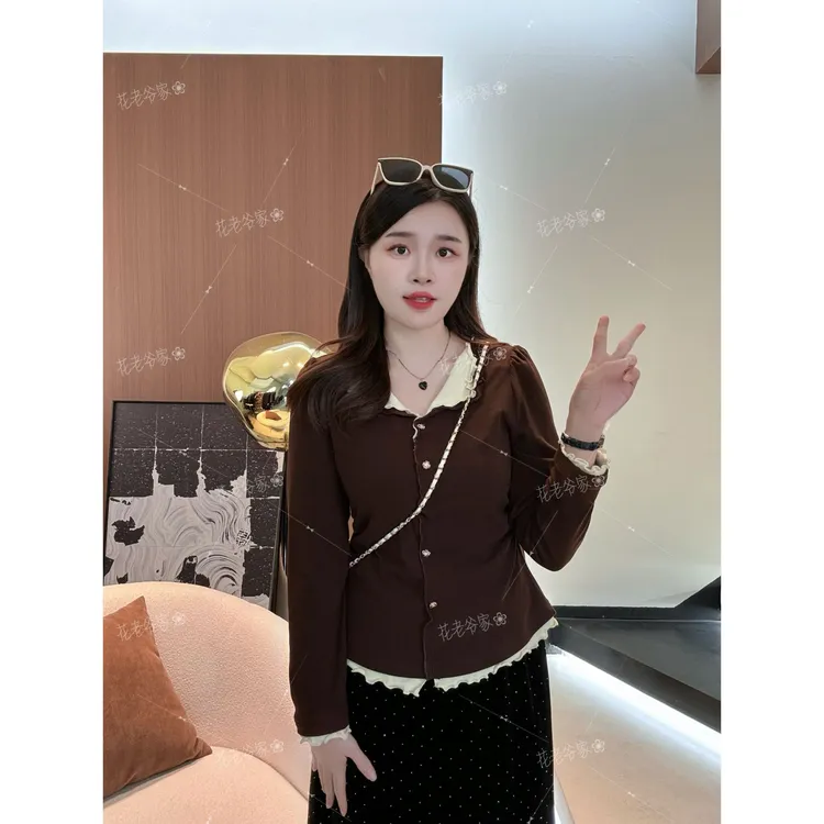 【仅上衣】花老爷微胖大码女装小翻领木耳边固定扣上衣T恤HLY3666