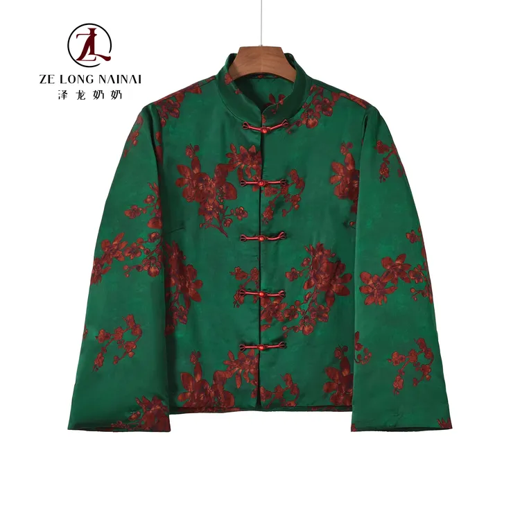 3919新春纳喜立领盘扣丝绵上衣墨绿缎面梅花纹复古短款棉服外套