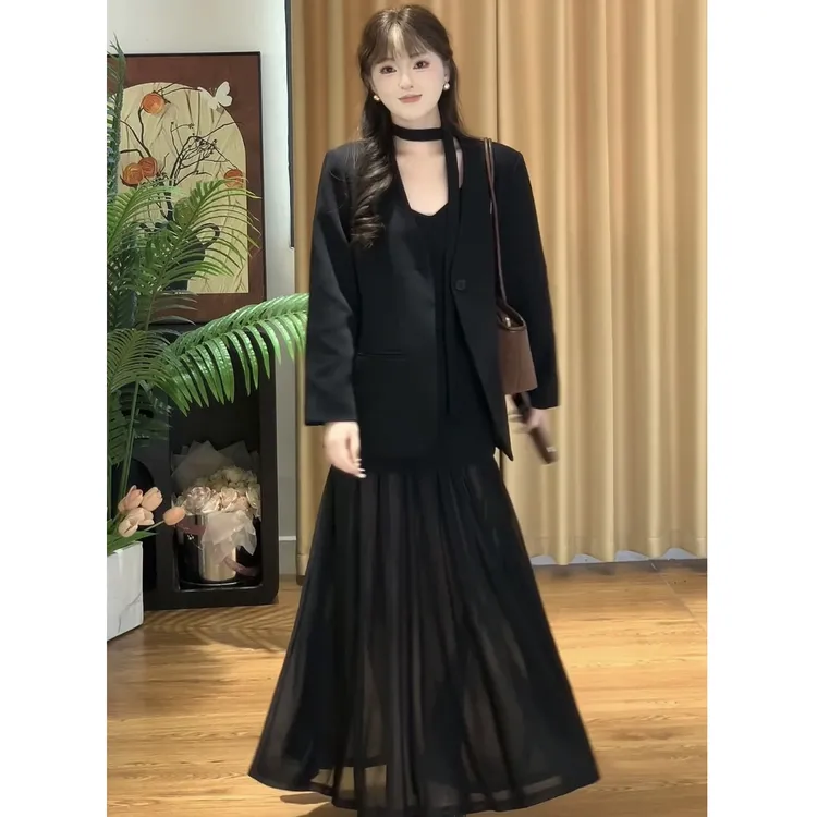 妖家#小个子自制黑色西装外套围脖+透视半身裙三件套气质显瘦