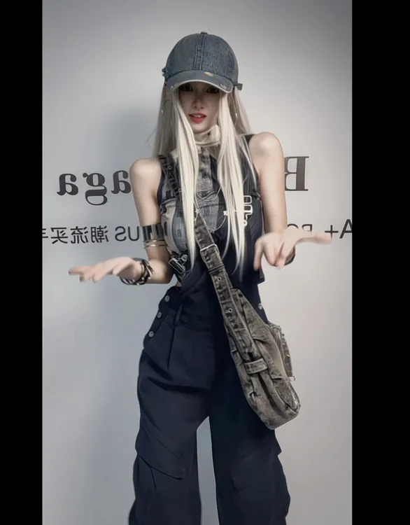 【Ann】“梵高少女”蓝调弹力猫女背心+蓝调可爱系背带裤套装