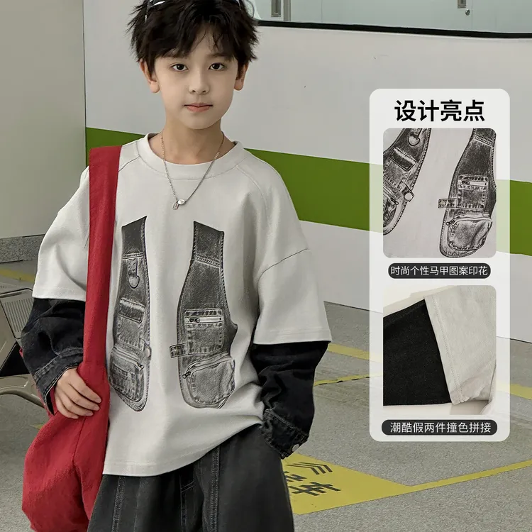 男童假两件卫衣春秋款2025新款中大儿童秋季打底衫男孩秋装上衣潮