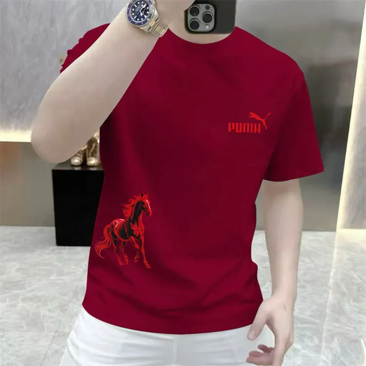 男士纯棉短袖T恤国潮时尚休闲百搭潮流修身圆领印花上衣红色半袖