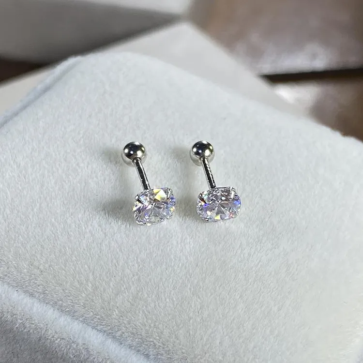 足银耳饰 超短杆999足银镀14K锆石螺丝拧扣女耳钉耳骨钉养耳