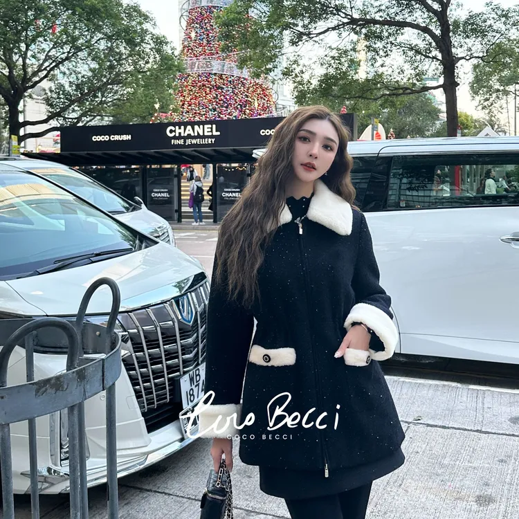 COCO BECCI【墨尔本午夜】95鹅羊毛撞色翻领满天星外套CFJJD300362