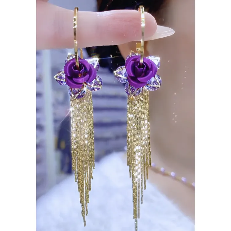 铜合金合成锆石耳饰 轻奢气质百搭优雅时尚玫瑰花流苏耳环