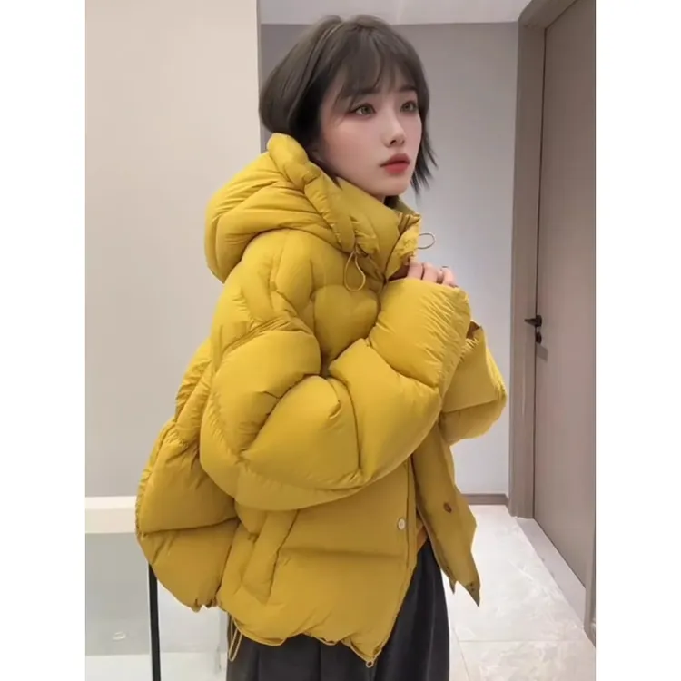 2025冬季新款韩系超好看黄色短款棉服女小个子连帽面包服厚外套