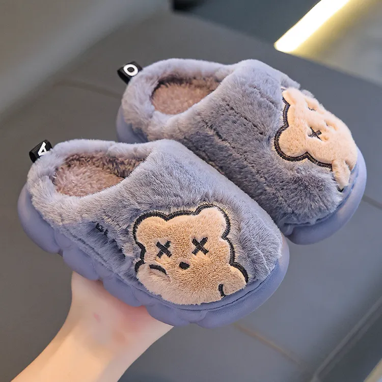 小熊儿童棉拖鞋男童室内毛绒秋冬宝宝保暖家居毛拖鞋女童棉鞋包跟