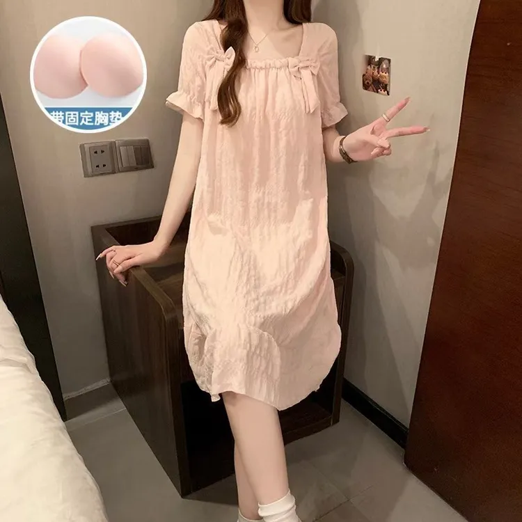 睡裙女夏季睡衣短袖带胸垫薄款可爱蝴蝶结少女生可外穿夏天家居服