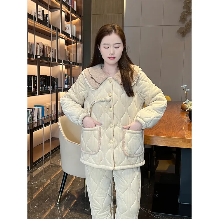 Meng luan/梦鸾新款三层夹棉睡衣女冬季加厚加绒法兰绒家居服套装