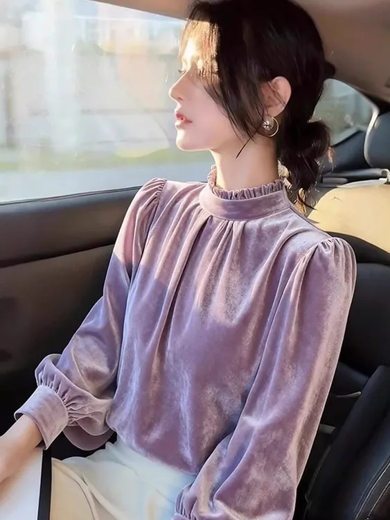 2025新款秋冬法式小众独特超好看的长袖金丝绒紫色衬衫女内搭上衣