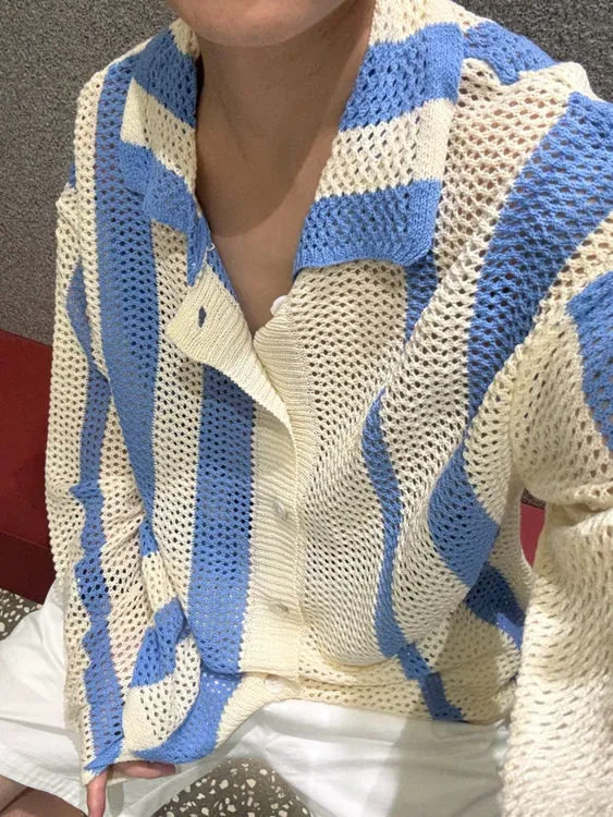 尚锋男装6691夏季新品慵懒风复古印花针织条纹长袖半透衬衫