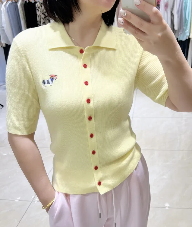 2025春夏百搭刺绣腊肠狗开衫毛衣糖果色色时尚五分袖短袖针织衫