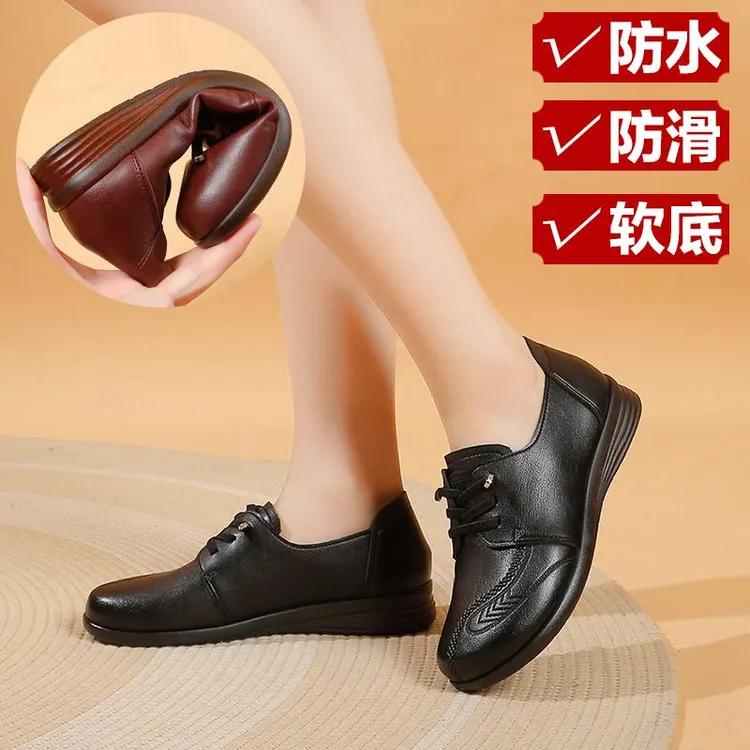 妈妈小皮鞋女2025秋季新款皮面防水防滑软底久站不累脚黑色工作鞋