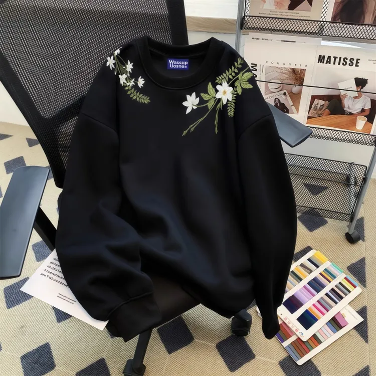 美式刺绣花卉圆领薄款春秋季2025新款卫衣男款宽松套头圆领卫衣