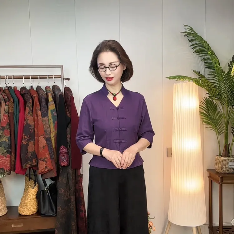 〈优雅一夏〉双层纱纯色中式复古休闲单件上衣优雅妈妈装23810