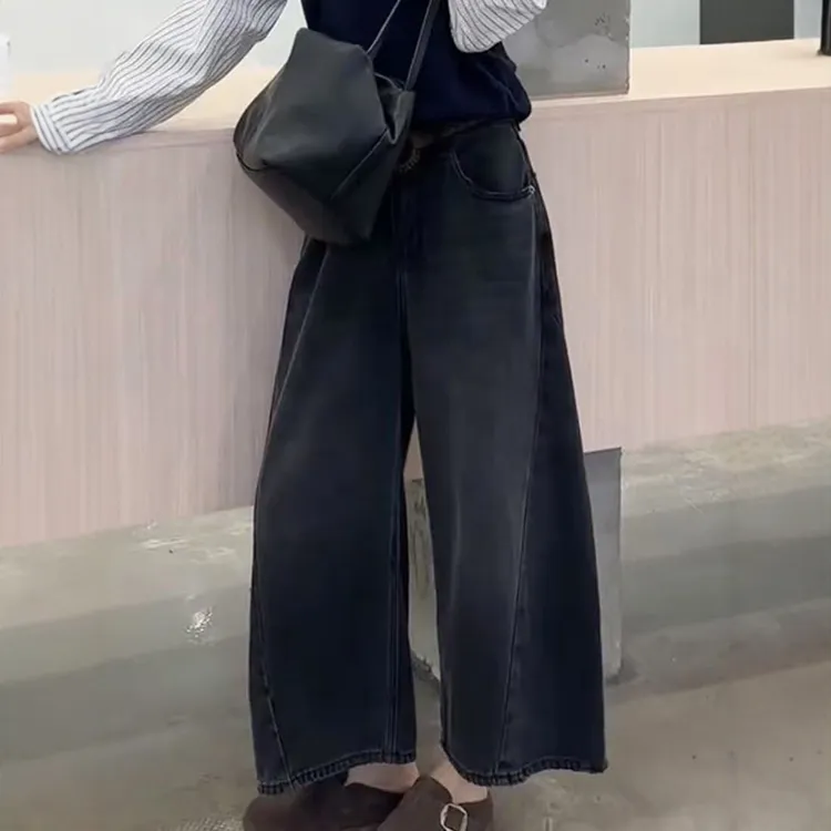 黑色磨白时尚牛仔裤女秋季新款大码胖mm高腰显瘦小个子宽松阔腿裤