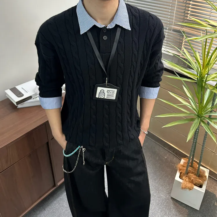 针织拼接假两件长袖毛衣针织衫打底百搭秋季休闲条纹男女