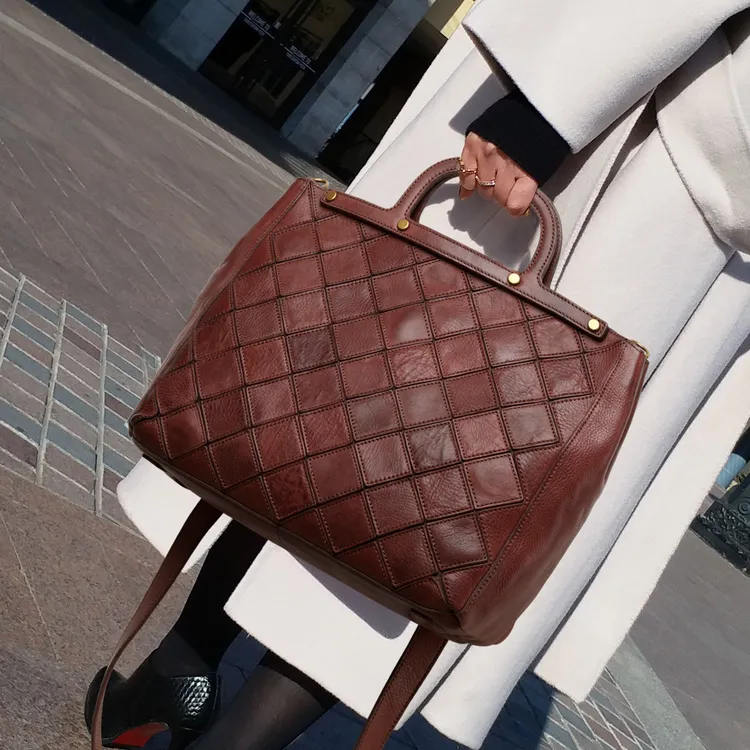 CCAMO牛皮真皮女包2025年新款潮款拼接格子单肩包包高级小众轻奢