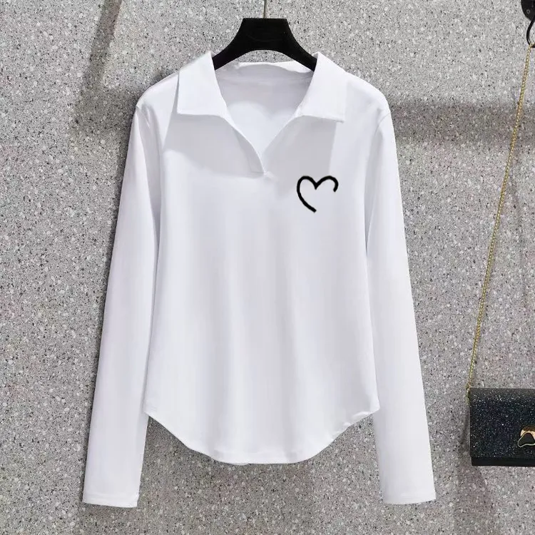 弧形下摆薄款100%纯棉翻领长袖上衣女士2025春秋冬简约新款POLO衫
