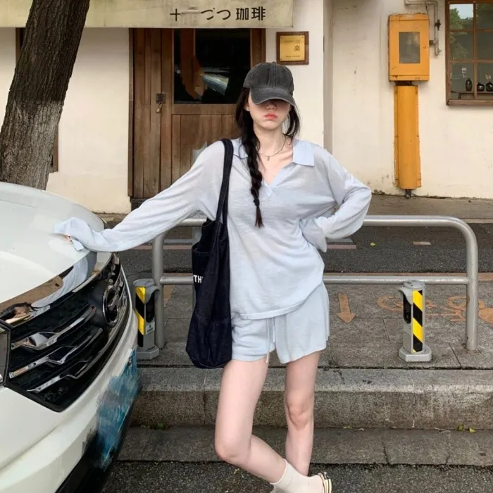 休闲套装宽松polo领长袖T恤罩衫女秋季高腰直筒裤阔腿短裤两件套