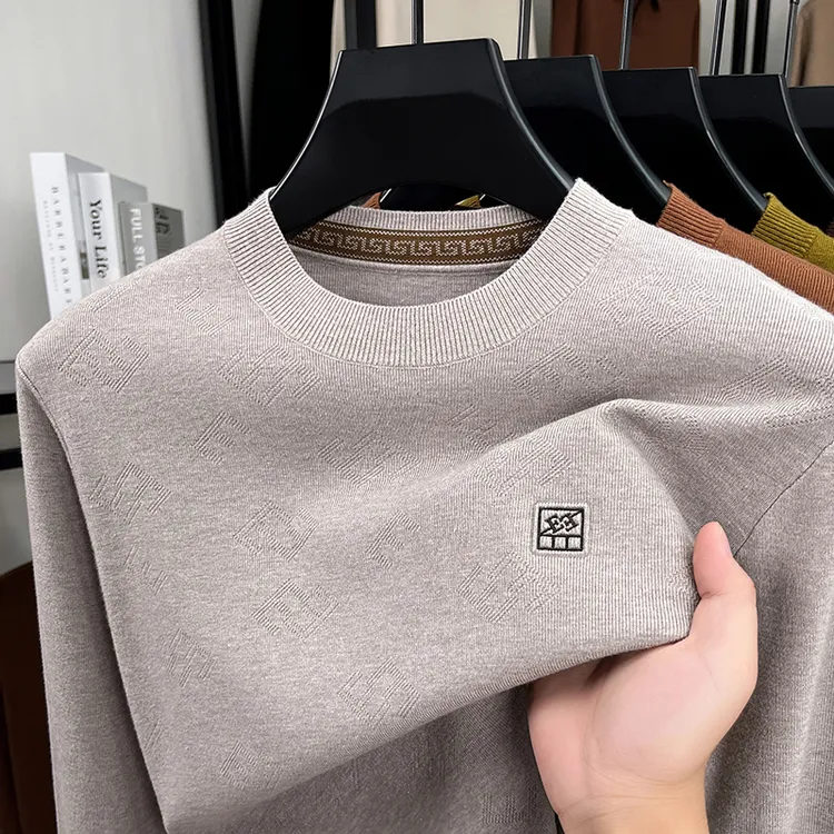 轻奢秋冬季男士纯色圆领针织衫时尚中年提花休闲保暖毛衣打底衫潮