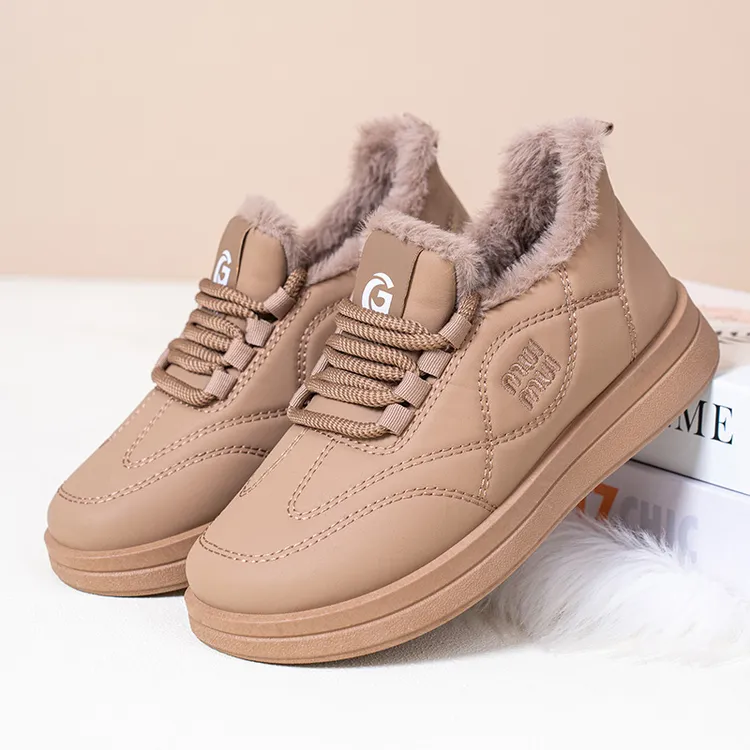 2025冬季加绒皮面防水休闲系带运动女棉鞋舒适保暖好打理妈妈棉鞋
