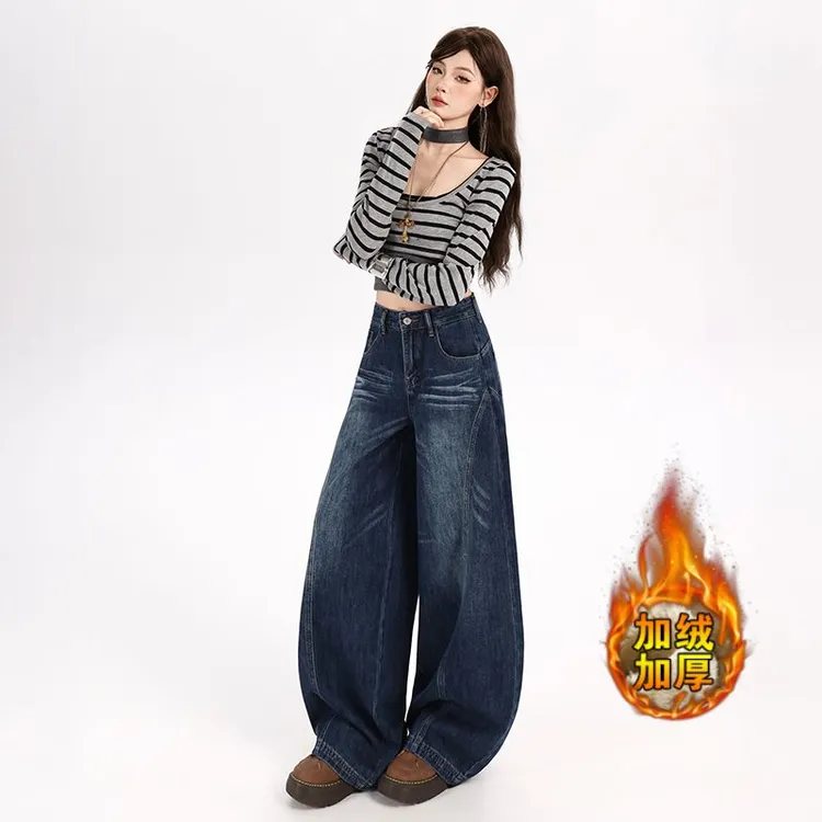 2025美式加绒复古高街阔腿牛仔裤女直筒宽松弯刀裤