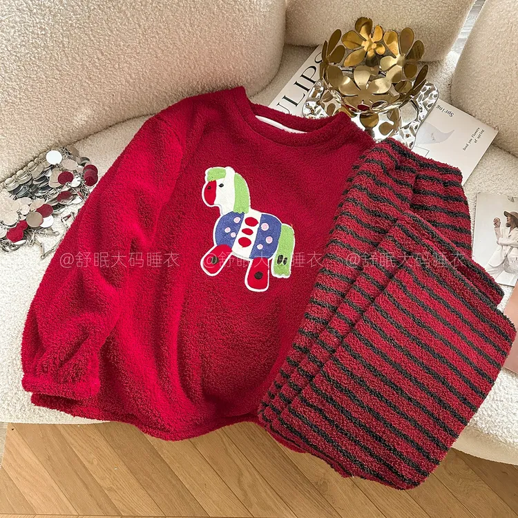 大码胖mm女秋冬半边绒睡衣长袖加肥加大冬季宽松可爱圆领家居服