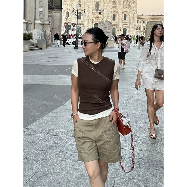 SHIIEELL新款纯色老钱风定制纱百搭通勤弹力气质修身背心W0266