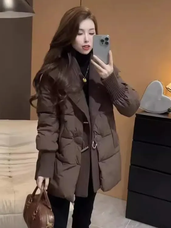 2025冬季新款韩版时尚毛巾披肩领棉服外套女保暖加厚棉衣中长款潮