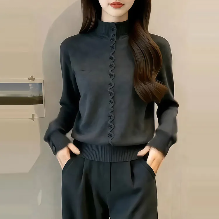 M925韩版时尚半高领提花纽扣针织衫女2025秋冬宽松针织上衣