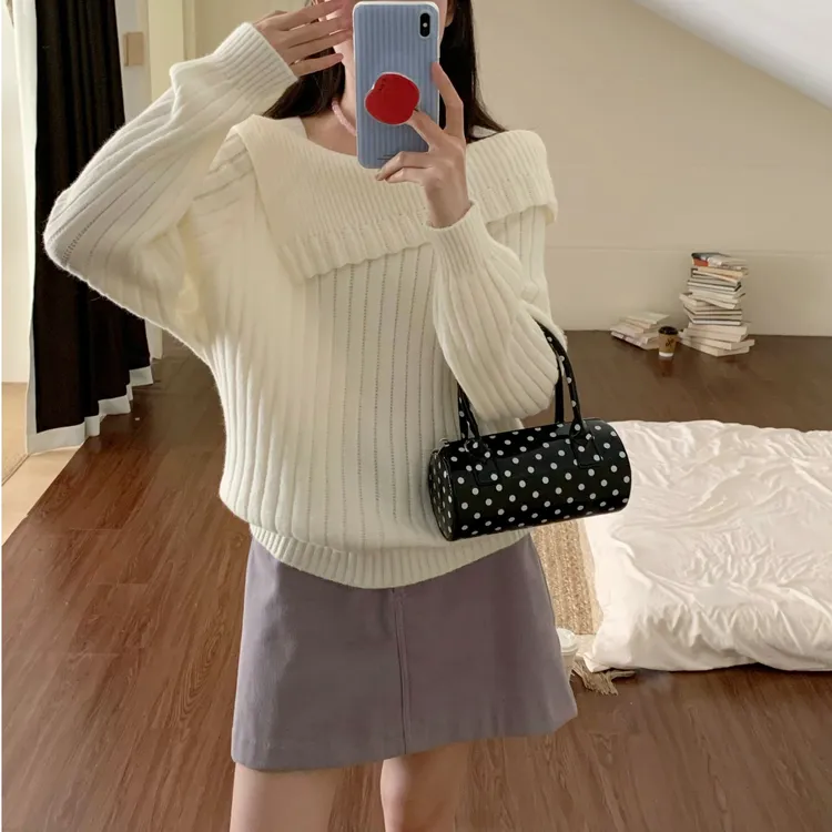 法式新款慵懒风针织衫女一字肩露肩2025内搭秋冬时尚毛衣小心上衣