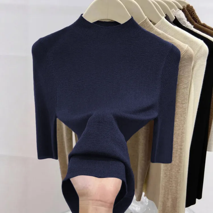 2025早秋新款半高领针织衫女修身羊毛纯色中袖打底衫气质内搭上衣
