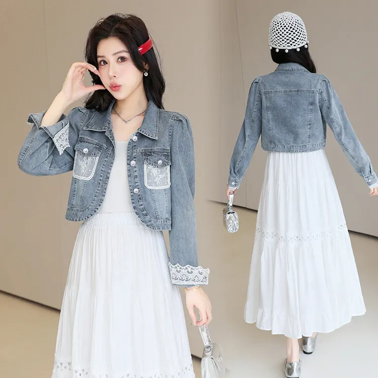 小香风蕾丝拼接牛仔短外套女春2025年春秋季新款小个子牛仔短外套