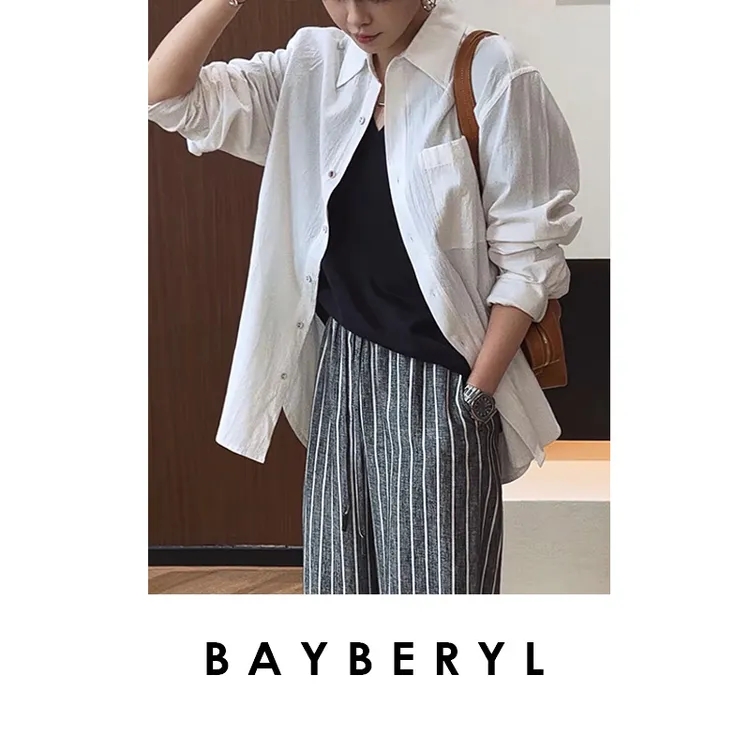 Z6-BAYBERYL老贝留白衬衫翻领褶皱单排扣文艺百搭衬衫NCY5A0614