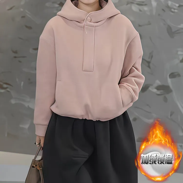 韩系潮流小香风慵懒加绒连帽卫衣女冬春新款宽松显瘦百搭时尚卫衣