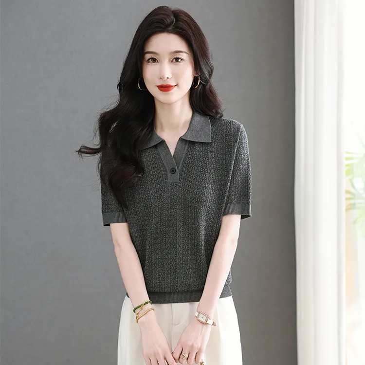 翻领镂空天丝短袖t恤女士夏装2025年新款女装薄款上衣时尚针织衫